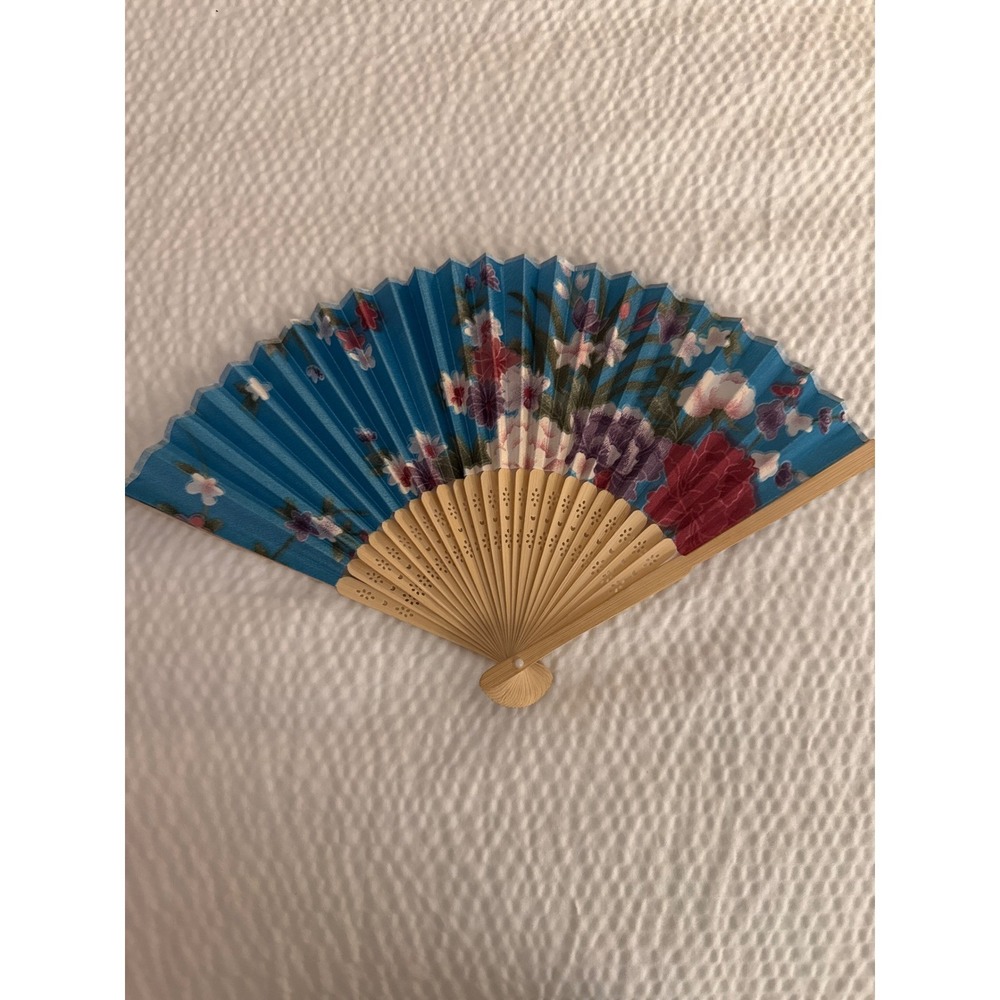 Vin Floral Bamboo Folding Hand Fan BlueFabric Peony Blossom Decorative Accessory